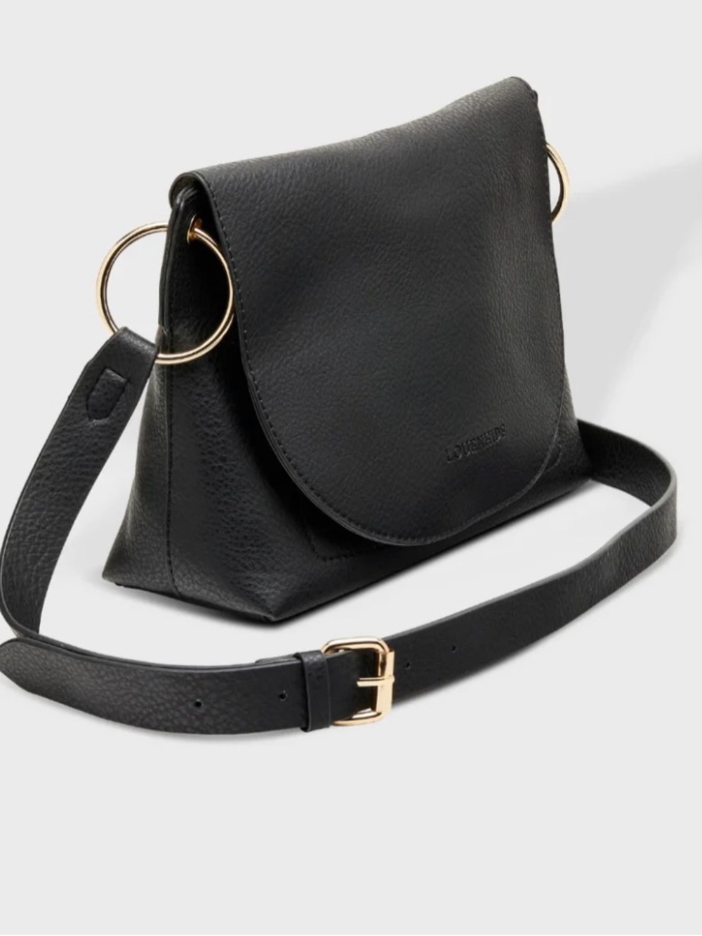 LOUNHIDE Black Leather Crossbody Bag with Gold Rings